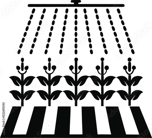 A minimalist black and white icon of an agricultural irrigation system. The icon shows a sprinkler or overhead irrigation head spraying water.