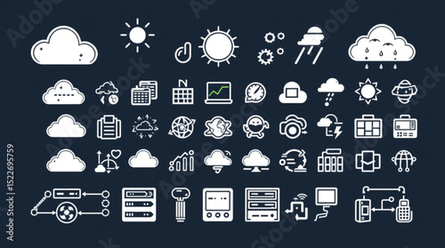 Illustration of weather and technology icons including clouds, sun, servers and data transfer icons created with generated ai
