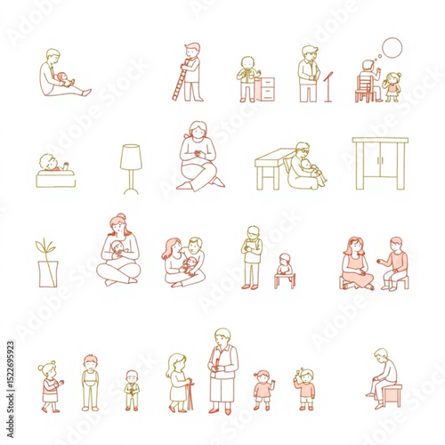 Illustration showing various family scenes and activities in a minimalist line art style design concept created with generated ai