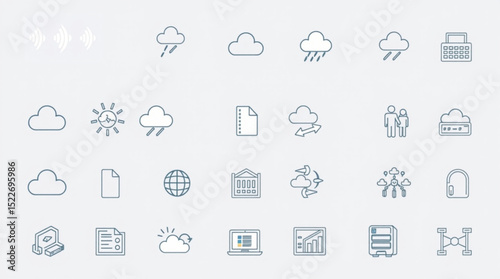 Collection of various outline icons representing cloud computing and related technologies created with generated ai