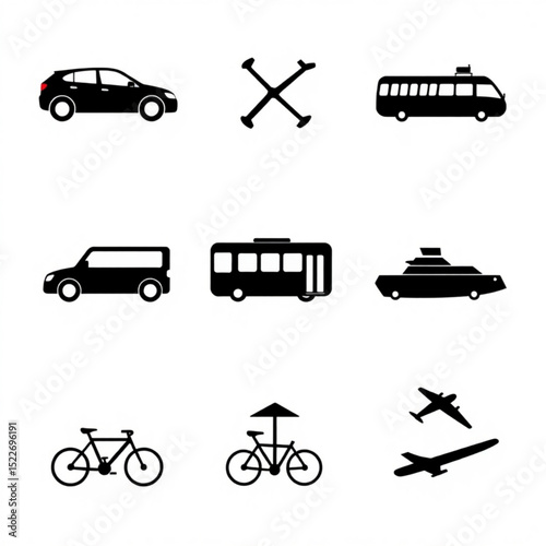 Illustration showing various modes of transport including car bus bicycle and airplane in black silhouette created with generated ai
