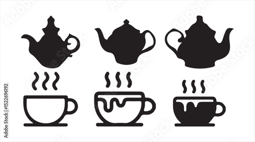 Teapots and Cups Silhouette Icon Set – Black Vector Illustration of Tea Serving. Victor illustration eps 10