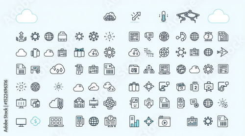 Collection of various outline icons including cloud, globe, computer, file, and weather related symbols created with generated ai