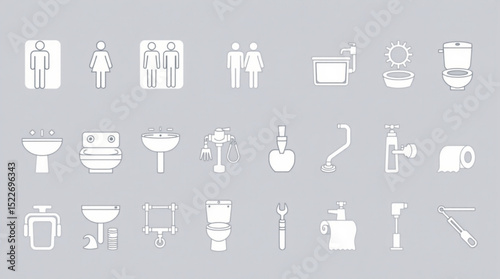 Illustration of various bathroom fixtures and gender symbols including sinks toilets and tools on gray background created with generated ai