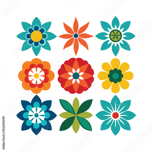 Colorful floral vector pattern featuring nine stylized flowers isolated on a white background