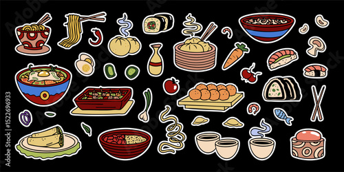 Asian food colorful stickers, graphic art dishes and soup bowls, sushi and baked buns and dumplings. Stickers, design decorations, chinese and japanese restaurant menu's art. Vector illustration.