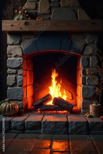 Warm, inviting embers glow in a rustic fireplace, casting a gentle, flickering light on the surrounding stone Perfect for cozy autumn or winter themes , autumn, orange