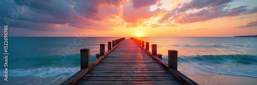 Serene beach dock at sunset, extending into calm ocean waters Gentle waves lap against the wooden pilings, creating a tranquil atmosphere Perfect for relaxation and coastal imagery , travel, horizon