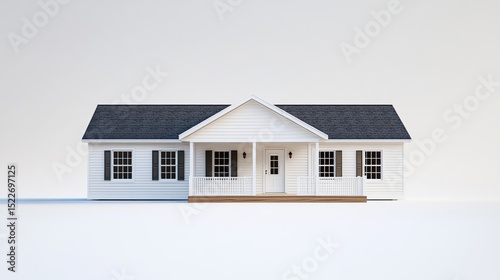 A digitally rendered, single-story, white ranch-style house with a dark gray roof, small front porch, and dark shutters on the windows, set against a plain white background