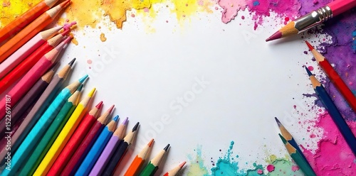 A vibrant arrangement of colorful pencils, paintbrushes, and a sketchbook, capturing the essence of artistic creation and design inspiration , painting, hobby, studio