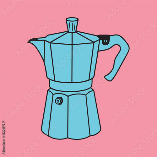 Blue Moka Pot Illustration on Pink Background – Retro Italian Coffee Maker Drawing for Kitchen Decor, Café Branding, Espresso Bar Menus, or Vintage-Style Merchandise and Posters