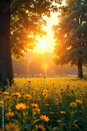 Golden hour sunlight bathes a sun-drenched landscape in warm, radiant light Perfect for illustrating concepts of summer, heat, energy, and natural beauty , radiant, glow