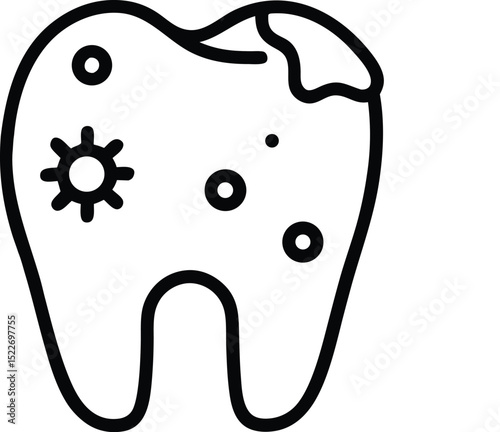 A tooth with cavities and decay, surrounded by small cloud-like bacteria or plaque shapes vector illustration on transparent background.