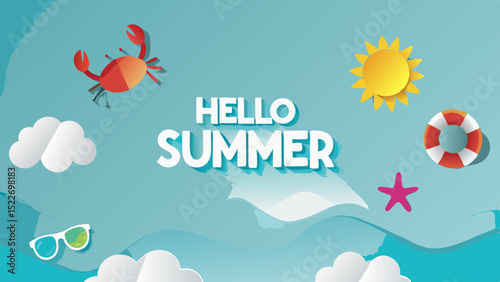 Hello Summer a playful seaside greeting with sun crab and sea breeze in pastel blue shades and fun