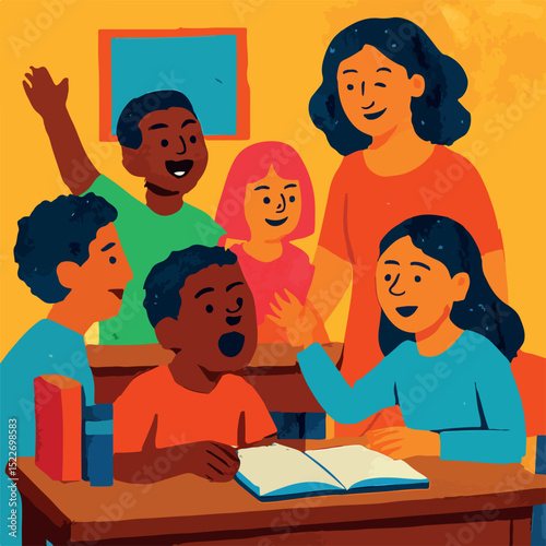 Classroom learning with teacher and diverse students engaging.  back to school