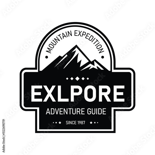 This logo showcases a mountain expedition theme with strong typography and a prominent mountain graphic.