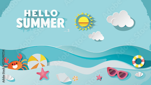 Escape to Paradise Dive into Summer Fun with a Cartoon Beach Scene Paper Cutout Style in Cool Blue
