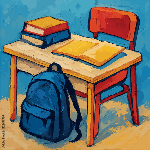 School desk with backpack and books in bright artistic style.| back to school