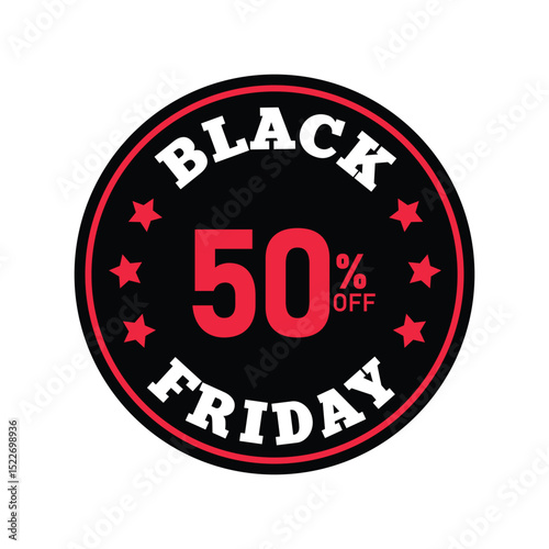 Bold and eye-catching Black Friday sale logo showcases 50 percent off, designed in a minimal vector style. Features a black background with prominent red elements and stars.