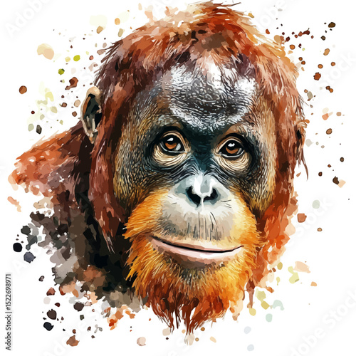 Orangutan Close Up, watercolor vector, high quality, isolated on a white background.