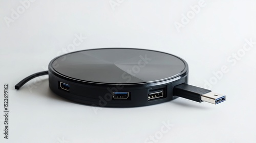 A sleek, circular black USB hub with multiple ports, including USB-A and USB-C, rests on a white surface, connected by a cable to a USB-C input.  Its smooth, dark surface reflects light subtly
