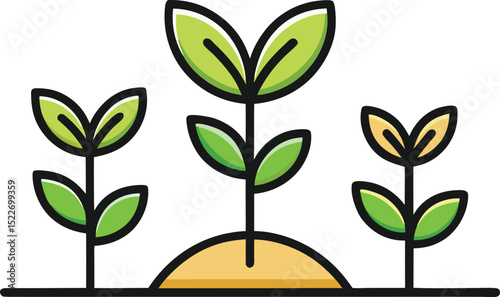 Vector icon of three small plant seedlings growing in a row, black line outline, gardening icon on transparent background.

