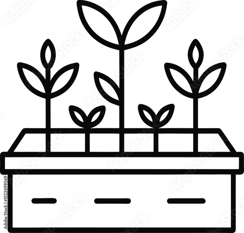 Raised Planter Box Icon:
"Vector icon of a planter box with multiple plants growing, minimal black line style"