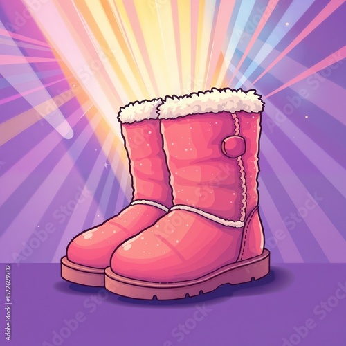 Pink winter boots with fluffy lining on colorful background, ugg boots, ugg, uggs
