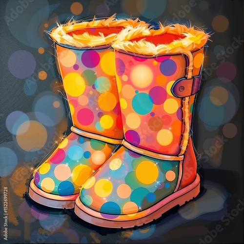 Colorful polka dot winter boots with fluffy lining on dark background  , ugg boots, ugg, uggs