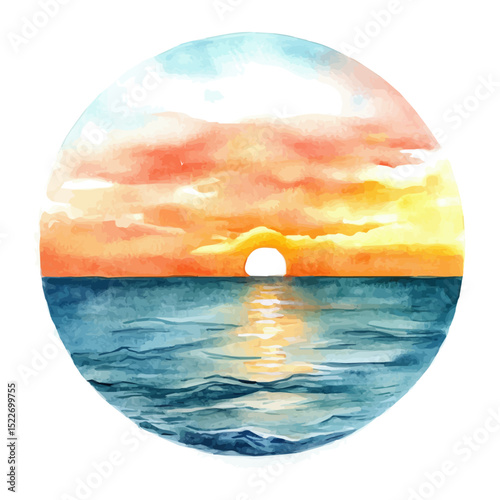 watercolor of Orange Sunset Calm Ocean, vector high quality, isolated on a white background.