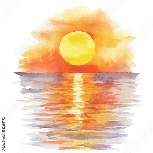 watercolor of Orange Sunset Calm Ocean, vector high quality, isolated on a white background.