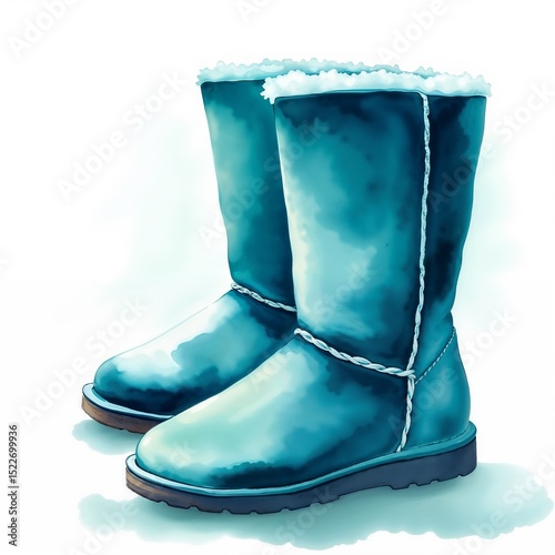 Cozy winter boots in blue color with fur lining and flat sole  