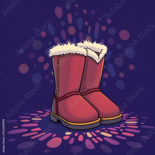 Red winter boots with fur accents on colorful background  