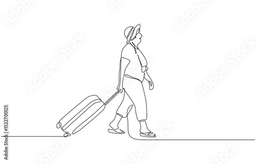 Continuous line drawing of traveler woman with luggage. Single one line art sketch editable stroke concept of tourist walking with suitcase. Vector illustration.
