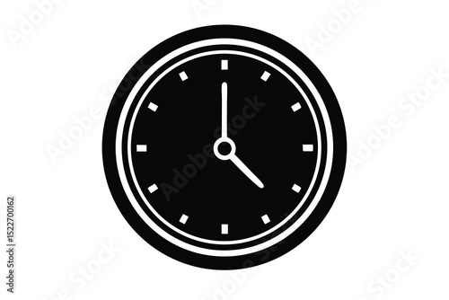 A black and white clock showing the time at four o five on the hour