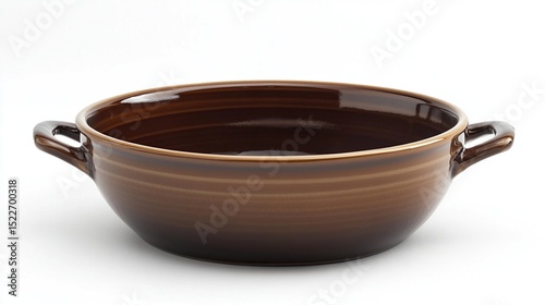 A wide, shallow, brown ceramic baking dish with two small handles on either side, displaying subtle concentric lines in its glaze, sits on a white background