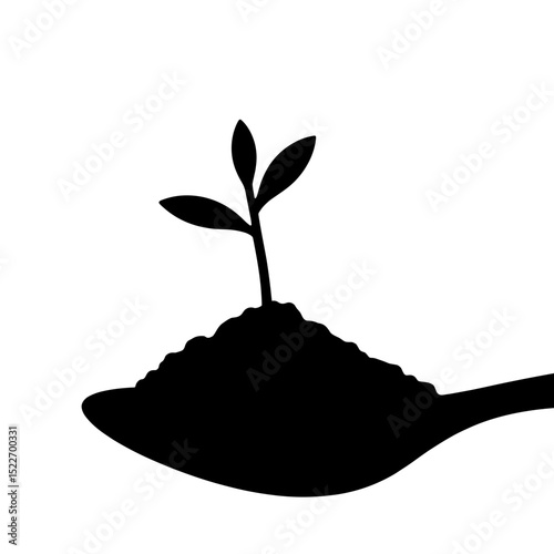 Spoon with sprout silhouette on white background, herbal growth simplicity