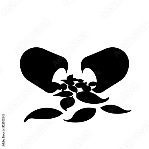 Silhouette of split capsule with leaves on white background, natural remedy purity