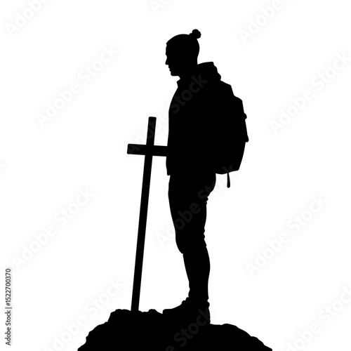 Silhouette of Solo Backpacker at Crossroad Sign, Independence and Travel Decisions