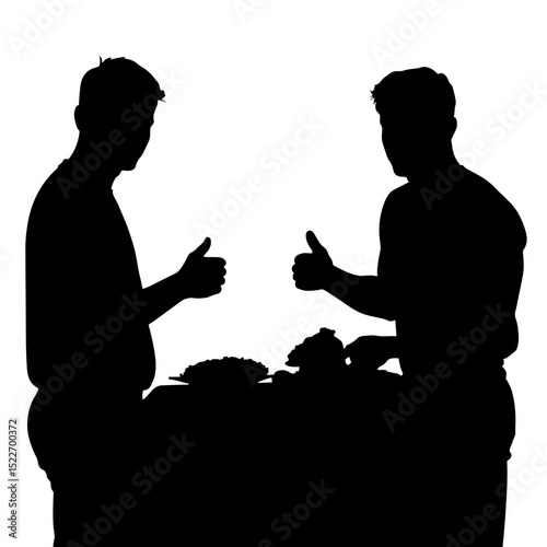 Silhouette of coworkers giving thumbs-up over meal, team satisfaction celebration