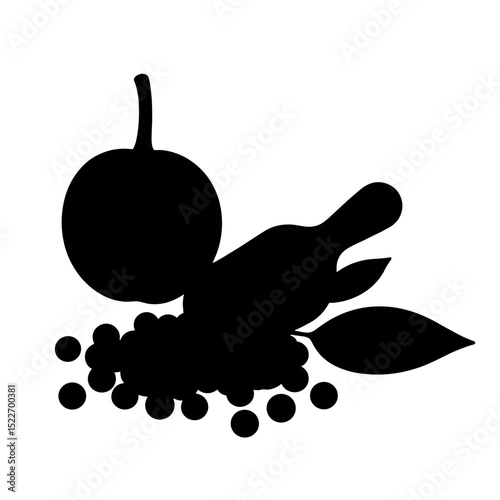 Silhouette of powdered fruit and leaf on white background, organic nutrition theme