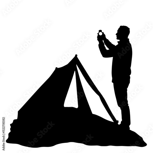Silhouette of camper with compass and tent on white background, outdoor navigation