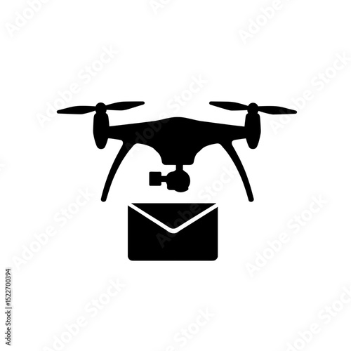 Silhouette of drone delivering mail on white background – UAV parcel delivery icon