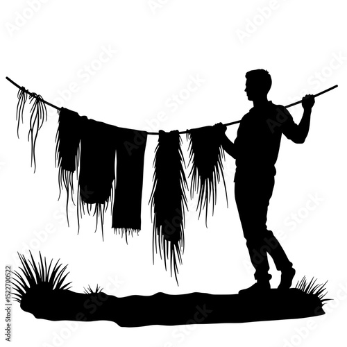 Silhouette of person drying gear on natural line, eco-friendly outdoor routine