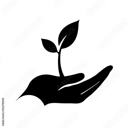 Silhouette of seedling in hand, black and white, symbolizing growth and sustainability