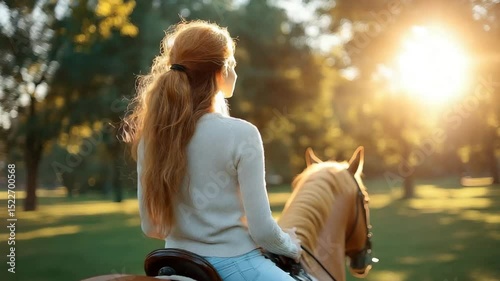 Woman horseback riding sunset park.