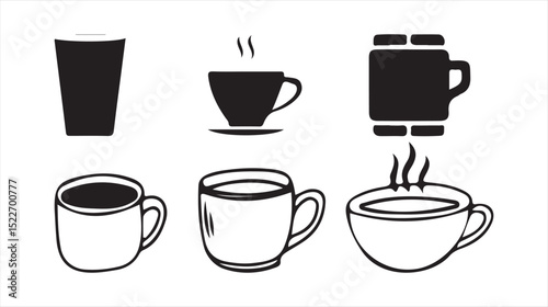 Tea and Coffee Cup Icon Set – Black and White Vector Illustrations. Victor illustration eps 10