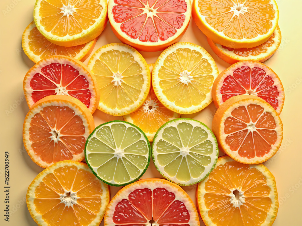 Fototapeta premium Sliced citrus fruits (orange, lemon, lime, grapefruit) arranged in a symmetrical pattern, top view.