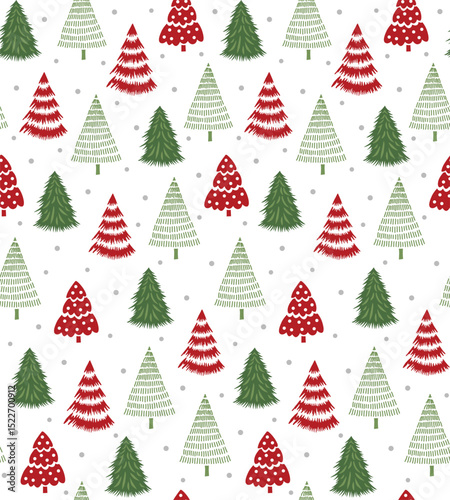 Seamless Christmas Trees On White Background For Gift Wrap, Paper And Fabric Print