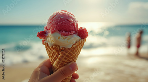 Hand holding ice cream cone with raspberries on beach at sunset